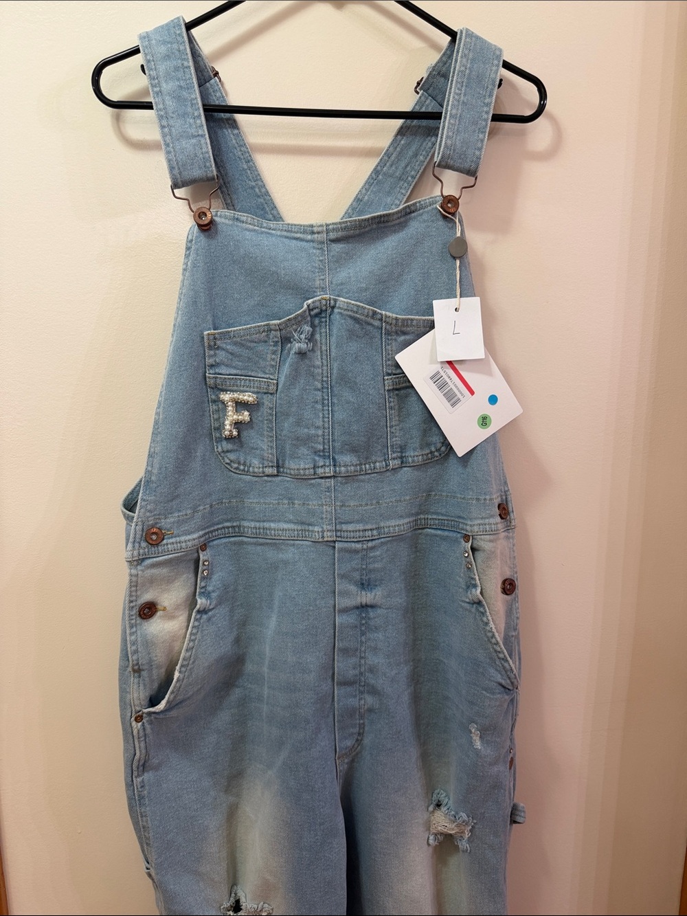 Fracomina Light Wash Distressed Denim Overalls with Heavy Rip & Rhinestones - Picture 5 of 14